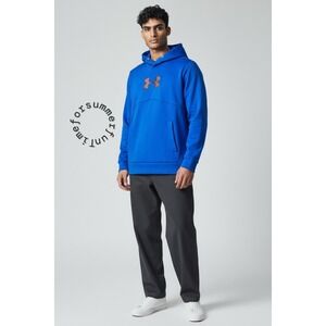 Under Armour Storm Mens Hoodie Royal Blue Orange Logo Fleece Pullover MD M